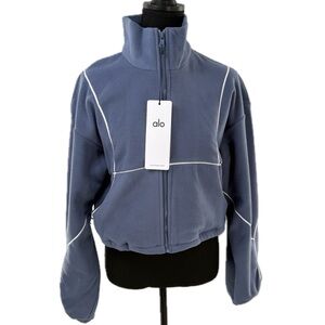 Alo Yoga Polar Fleece Game Time Cropped Zip-Up Jacket Bluestone/White Size M NWT